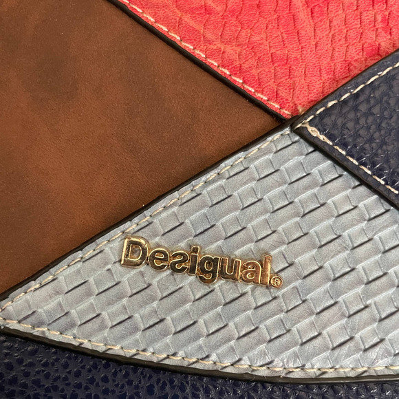 Desigual Crossbody Shoulder Purse Mixed Patchwork Pattern Pockets Brown - Picture 2 of 13